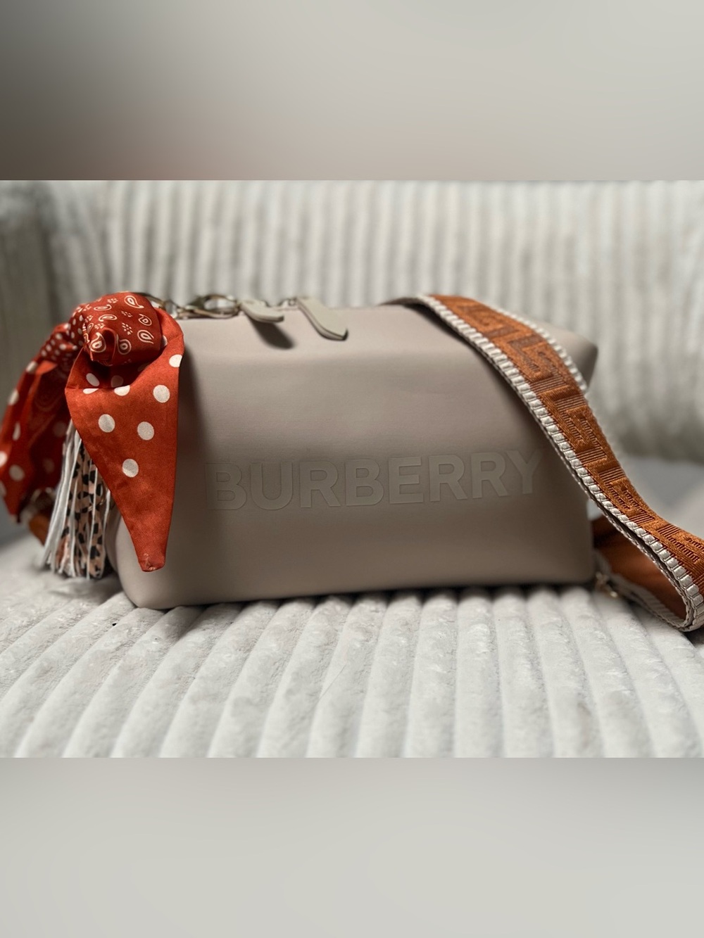 Burberry Upcycled Cream Crossbody Bag with removable strap scarf & Tassel Charm